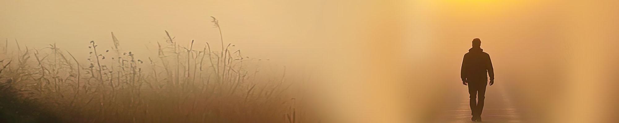 Man walking on road toward sun