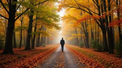 Man walking down a lane with autumn leaves