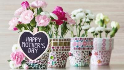 Happy Mothers Day flowers in decorative pots
