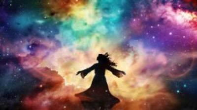 Woman twirling in the cosmos