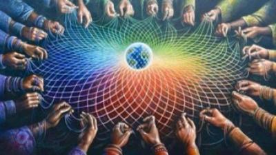 Hands weaving around earth