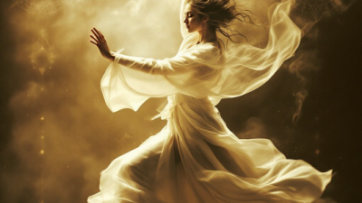 Woman dancing in flowing white dress in sparkly lights