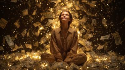 Woman sitting with money flying around